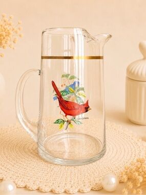 Vintage Weston West Virginia Pitcher Glass Birds Cardinal Blue Jay